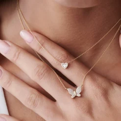 Round and Baguette Diamond Mini Heart Necklace in 14K