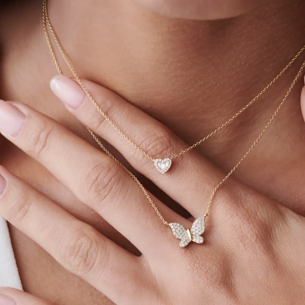 Round and Baguette Diamond Mini Heart Necklace in 14K