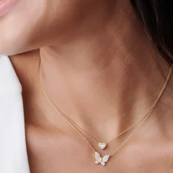 Round and Baguette Diamond Mini Heart Necklace in 14K