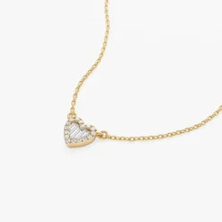 Round and Baguette Diamond Mini Heart Necklace in 14K
